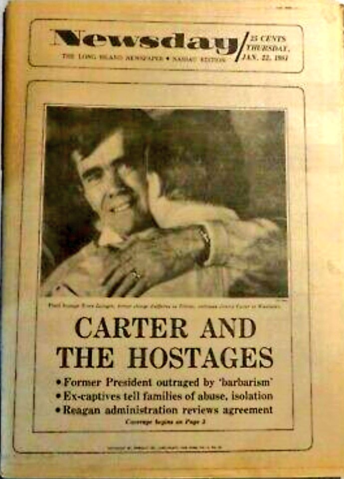 peanut_brigade's tweet photo. Bruce Laingen* hugging Jimmy.
Newsday on January 22,1981
#Jimmy40 #OTD
@CarterLibrary @MicheleECarter1
*Chargรฉ d'affaires, highest-ranking official held in Iran.
#IranHostageRelease https://t.co/bFla8oHqJy