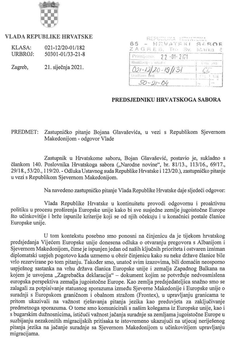 Nakon 2 mjeseca dobio sam odgovor na zastupnicko pitanje o odnosu Hrvatske i Makedonije, i stavu Vlade prema Bugarskoj blokadi pristupnih pregovora s Makedonijom. Ima tu puno toga za "raspakirati". Mini thread s glavnim stvarima slijedi u tvitovima ispod ovog