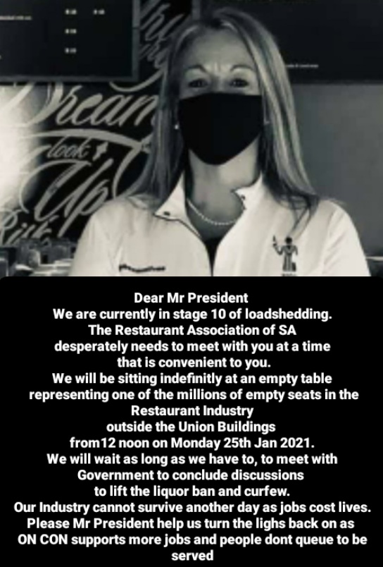 Travel, Events and Arts Association of SA (@tea12pm) on Twitter photo We support the <a href="/RestaurantAsso2/">Restaurant Association of South Africa</a> as our Industry has been devastated by the short notice and limited consultation on regulations as well as beach closures and alcohol bans. There has to be a more workable solution <a href="/PresidencyZA/">The Presidency 🇿🇦</a> and <a href="/Tourism_gov_za/">Dept of Tourism</a> . #TooLateforMany #RestaurantsNow We support the <a href="/RestaurantAsso2/">Restaurant Association of South Africa</a> as our Industry has been devastated by the short notice and limited consultation on regulations as well as beach closures and alcohol bans. There has to be a more workable solution <a href="/PresidencyZA/">The Presidency 🇿🇦</a> and <a href="/Tourism_gov_za/">Dept of Tourism</a> . #TooLateforMany #RestaurantsNow