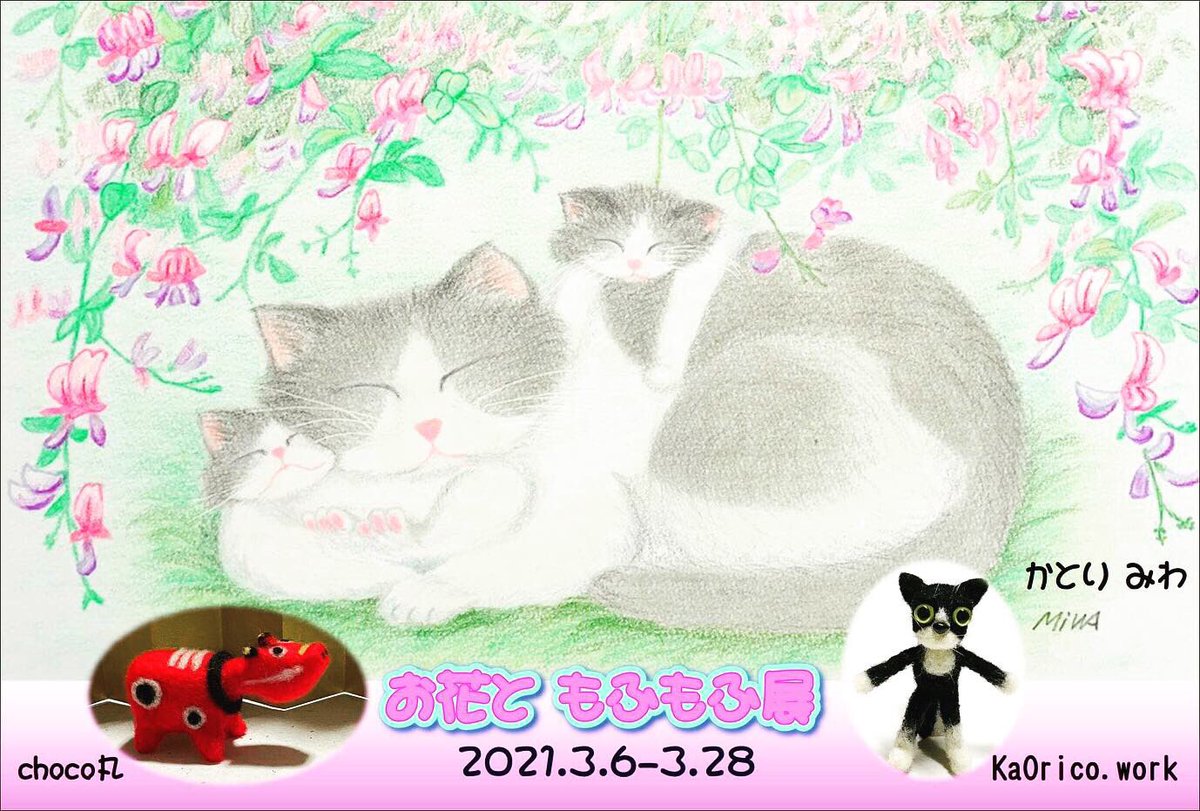 かとりみわ 3月6日 28日長浜 古書 カフェ ルーペ舎 お花ともふもふ展 Dm作りました イラストと羊毛フェルトの作品展示と販売をします ねこ 展示会 売上の一部を保護団体に寄付します 色鉛筆画 猫イラスト 動物保護活動 羊毛フェルト 長浜
