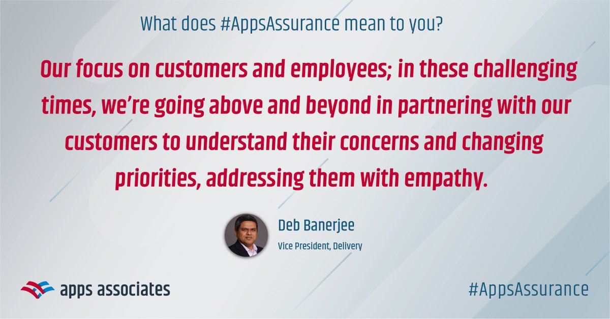 AppsAssociates's tweet image. Our consultants work closely with our customers to create ideal solutions from concept to deployment no matter the circumstance - it&apos;s our #AppsAssurance approach. 

Learn more: bit.ly/3mjO2Ay