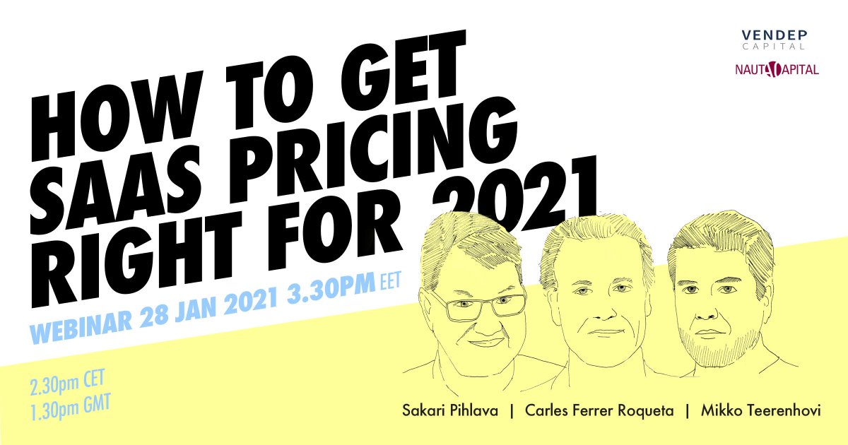 Looking forward to next week and tackling how to get #SaaS pricing right! Join @NautaCapital & @vendepcapital & @teerenhovi on the 28th Jan for insight-packed webinar covering:
🤔 pricing strategies
🚀 case studies 
📚 useful resources
📌 Register>   bit.ly/2021PricingSaaS