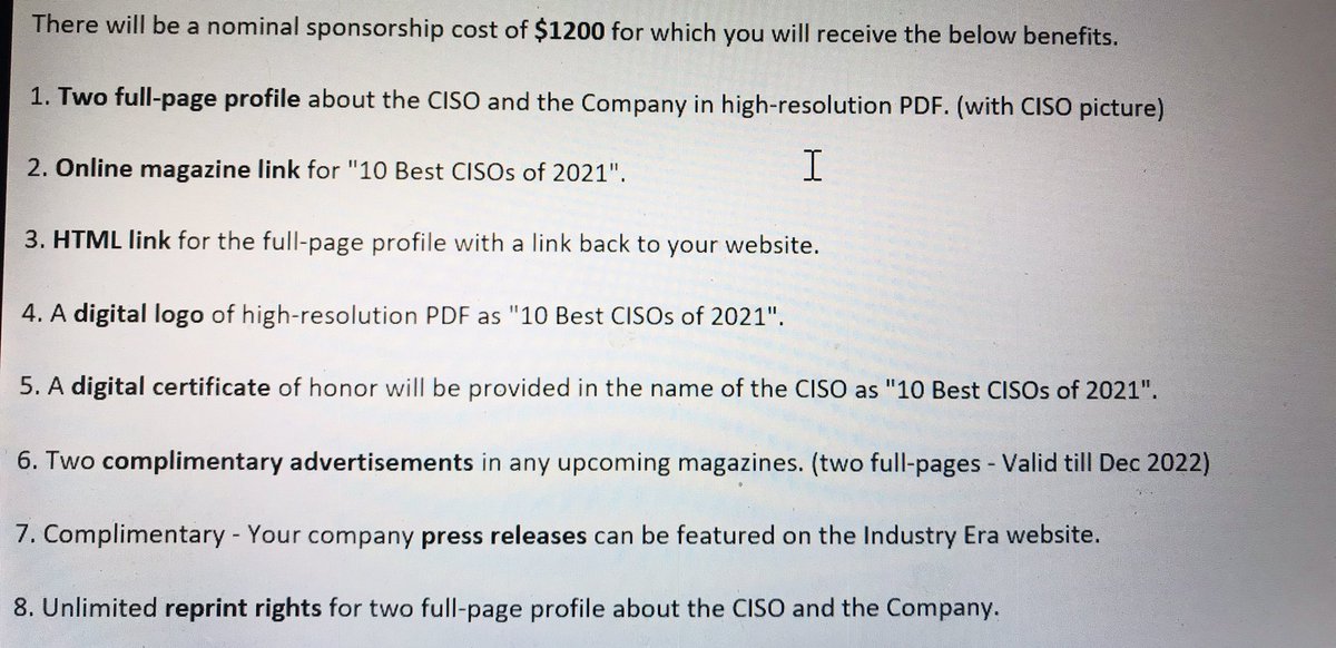 I can be one of the top 10 CISO’s for only $1200. Thinking of nominating my mother in law as a birthday present.