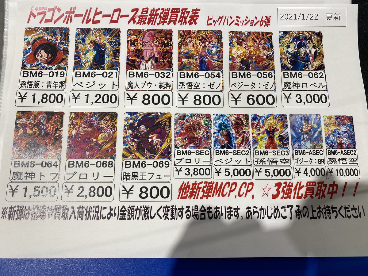 万sai堂 喜多方 塩川店 Auf Twitter カードコーナーより買取情報 ドラゴンボールの新弾たくさんのお持ちこみありがとうございました 値段変更させていただきまして現在こちらの金額となっております Mcp Cp 3カードや旧弾も欲しいです ぜひ 当店まで