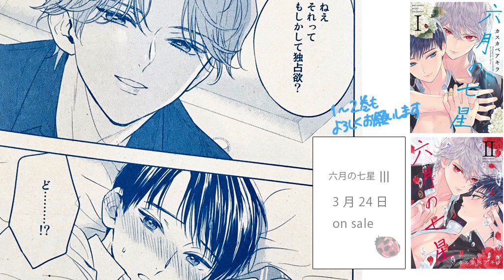 ☆本日発売のルチルさん3月号に「六月の七星」15話47p掲載頂いてます。
かなたの男らしさが垣間見える回です(たぶん)えちえちもあるよ?❤️

お陰さまで、3月24日に3巻を出して頂けることになりました?✨
緊張…!詳細は追って☺️よろしくお願いします? 