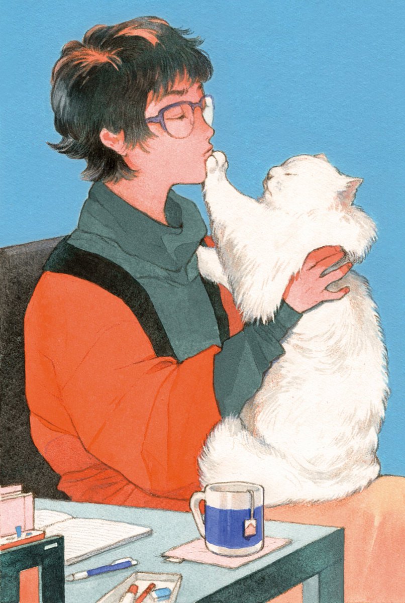 glasses cat black hair cup short hair table holding cat  illustration images