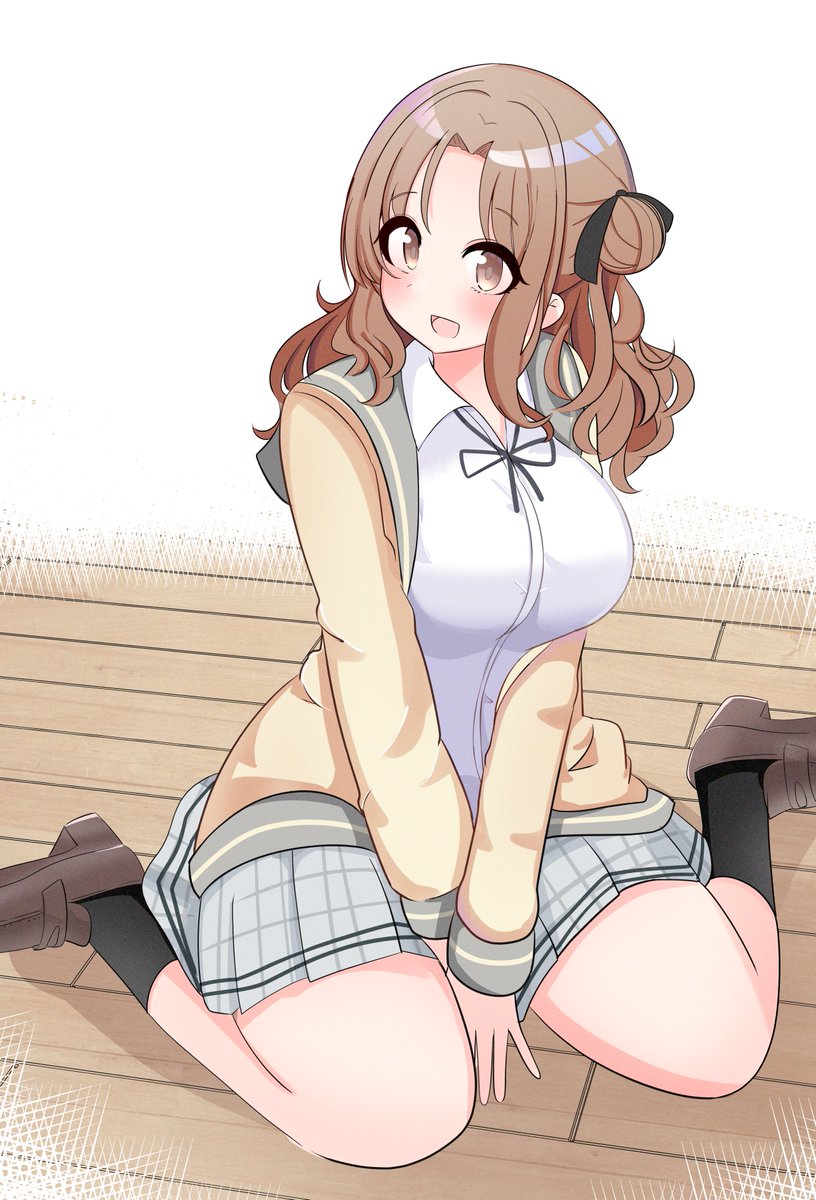 ichikawa hinana 1girl solo hair bun yellow cardigan skirt sitting school uniform  illustration images