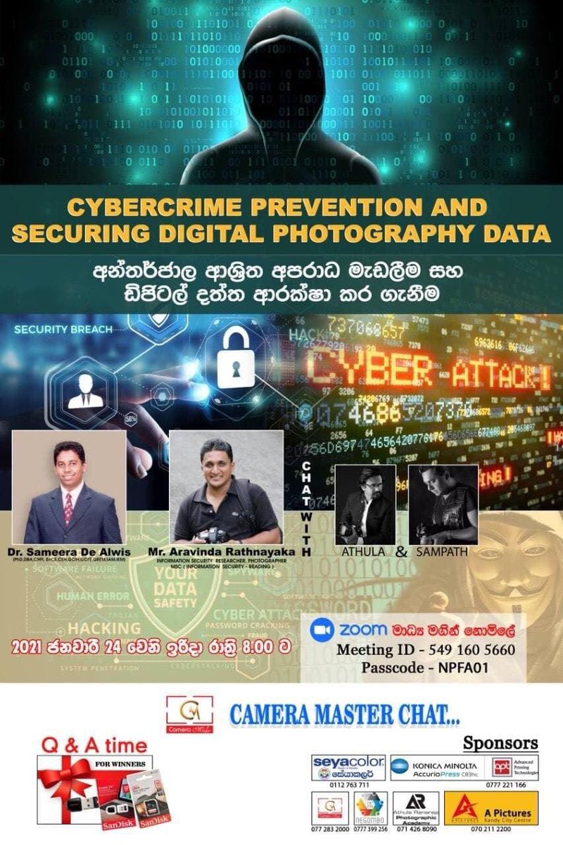datadefenz's tweet photo. Cybercrime Prevention and Securing Digital Photography Data

Free session on 24th January 2021 Via Zoom @ 8 PM.
 @icta_srilanka 

#cybercrime  #prevention  #securing #digital  #photography  #data  #infosec #cybersecuritytraining  #cybersecurity #dataprivacy #hacking #cyberattack https://t.co/mOfrS8N1yk