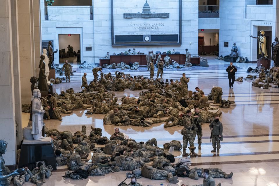 Then after two weeks of sleeping on the cold marble floors in government buildings our national guard was dismissed to a parking garage to sleep. Out of sight out of mind I guess.  Meanwhile DCs under lockdown & there are plenty of empty hotel rooms & conference rooms for them.