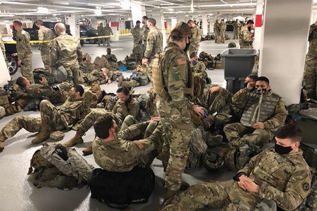 Then after two weeks of sleeping on the cold marble floors in government buildings our national guard was dismissed to a parking garage to sleep. Out of sight out of mind I guess.  Meanwhile DCs under lockdown & there are plenty of empty hotel rooms & conference rooms for them.