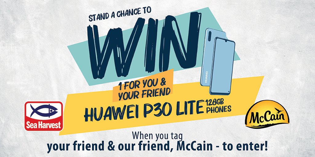 SeaHarvestSA's tweet photo. Friends forever. WIN together! You and a friend, EACH stand a chance to win a Huawei P30 lite, worth R5799 📱📱🤩 

Just mention our friend @McCainSA and your friend to enter!  👇 #friendsinyourfreezer 

Entries close 28/01/2021
T&amp;C’s apply. Visit https://t.co/MF8htKHroI for more https://t.co/0m3rOk7xkm