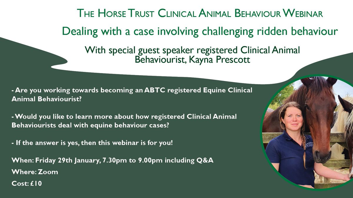 horsetrust's tweet photo. 🐴Join us next Friday for our next case study webinar with registered equine clinical Animal Behaviourist, Kayna Prescott. Kayna will be discussing a case she dealt with that involved challenging ridden behaviour.🏇

 Hope to see you all there! https://t.co/MonVATUq2u https://t.co/nojpiGIWQC