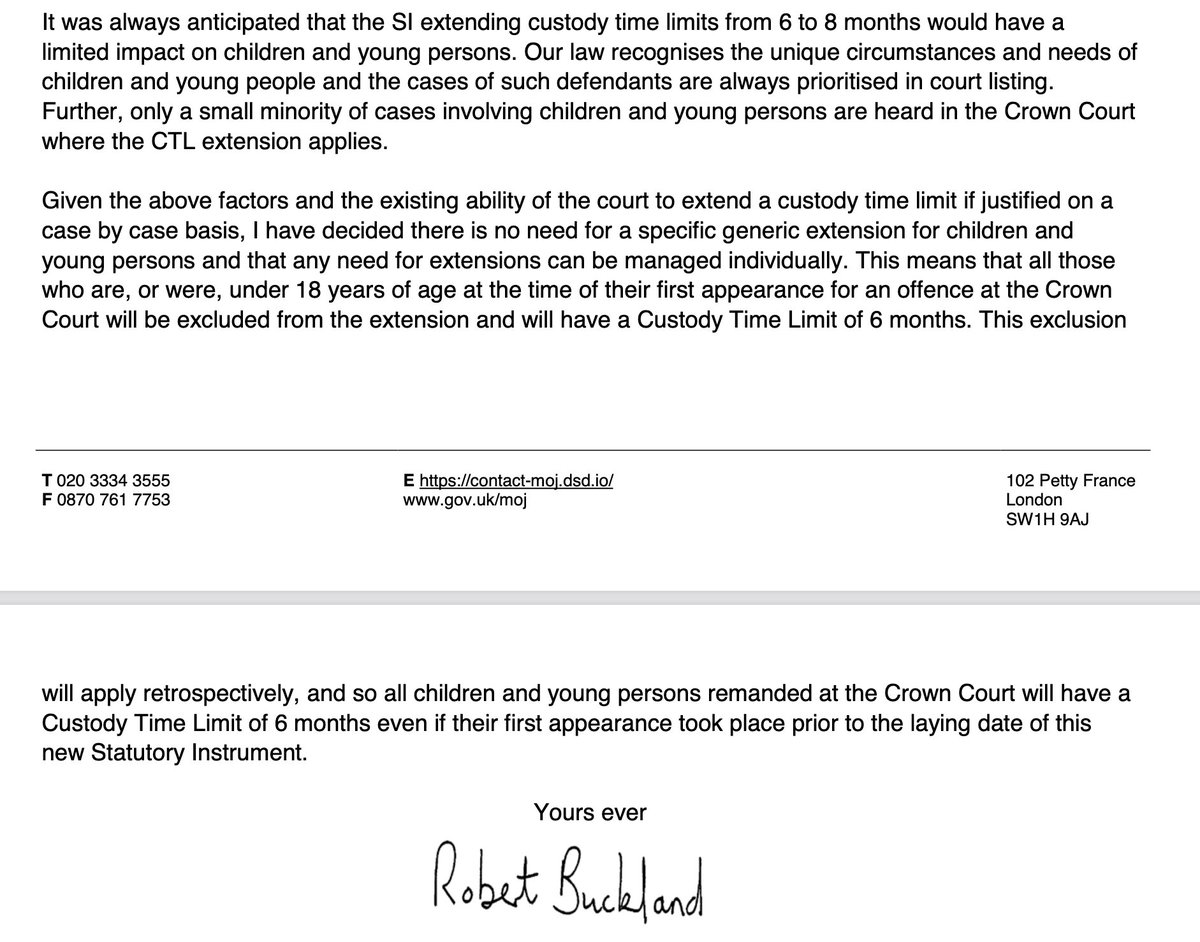 Very good to see this in writing from the Secretary of State for Justice recognising that custody time limits should NOT be extended for children.

committees.parliament.uk/publications/4…