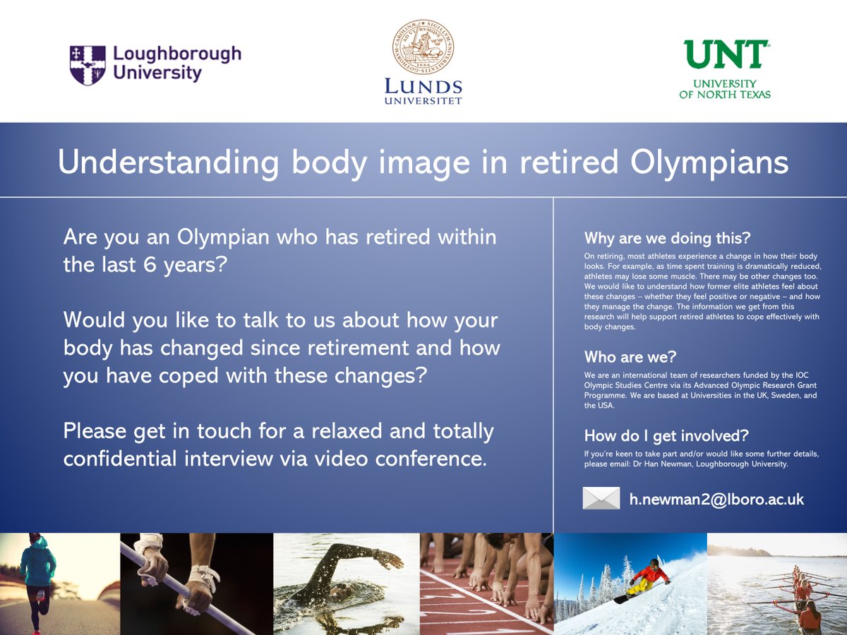 Are you an Olympian who has retired in the last six years and
would you be happy to discuss how your body has changed since retirement?

Alumna Dr Han Newman is carrying out research into how retired elite athletes feel about these changes.

 email: h.newman2@lboro.ac.uk