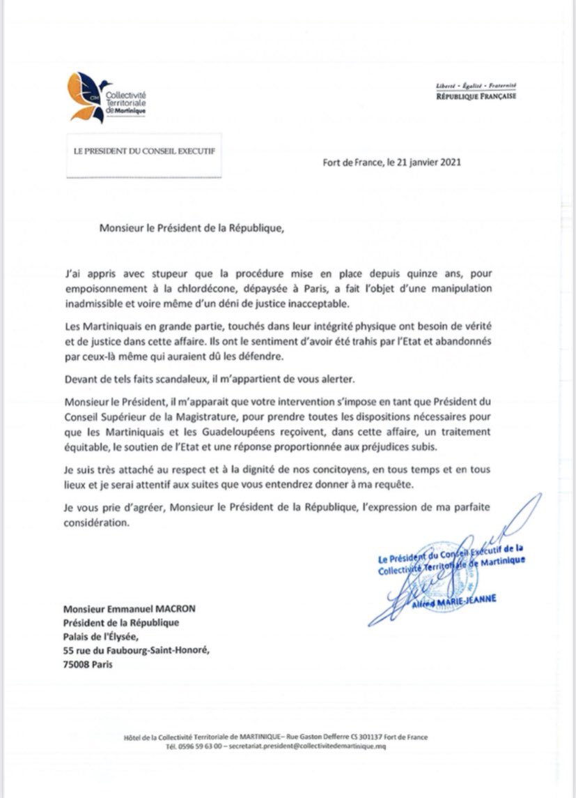 Courrier envoyé par A.Marie-Jeanne à <a href="/EmmanuelMacron/">Emmanuel Macron</a> sur la Procédure judiciaire pour empoisonnement à la #chlordécone. 

Une copie de ce courrier a été adressée au <a href="/Prefet972/">Préfet de la Martinique</a> Stanislas Cazelles et au Président du <a href="/CRGuadeloupe/">Région Guadeloupe</a> <a href="/achalus971/">Ary CHALUS</a>