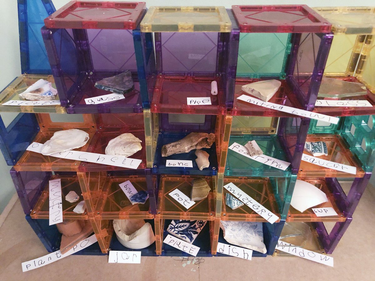 So then we had to figure out how to display them. We got out some magnet tiles to mock up some options. We also discussed a name for our exhibition and settled on “Things we found in the ground” because we are very interested in rhyming right now.