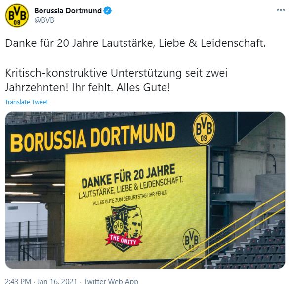Despite them being critical their club on many occasions, Borussia Dortmund wished The Unity a happy birthday ahead of the home game vs. Mainz.As  #BVB put it: “Thank you for 20 years of loudness, passion, love and critical, yet constructive support. We miss you here!” (18/21)