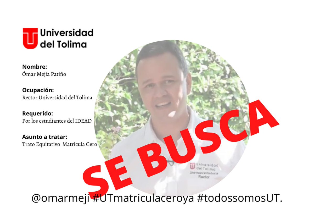 pilarso62206716's tweet photo. @omarmeji #UTmatriculaceroya #todossomosUT.  Rector necesitamos su pronunciamiento, no más silencio de su parte. 

El ESTUDIANTE SE RESPETA CARAJO

@ArribaBogota @ELTIEMPO @citynoticias @WRadioColombia @IvanDuque @lafm @gobertolima @IdeadUT @Uni_Tolima @AlertaTolima https://t.co/FLYLUv9yTn