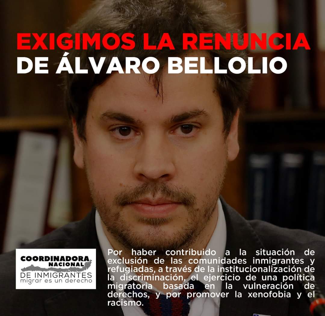 MigrantesChile's tweet photo. 📢Exigimos la renuncia de Álvaro Bellolio, jefe del Departamento de Extranjería y Migración‼️
¡No más abusos a las comunidades inmigrantes y refugiadas! ¡Por una migración digna en los territorios! Firma nuestra petición, y que se vayan todos los racistas https://t.co/3JPbIDUKWp https://t.co/IzOo9FM87y