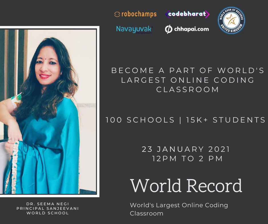 seemanegi24's tweet photo. Honoured &amp; excited to be a part of World Record World’s Largest Online Coding Classroom, thankful to Robochamps and Code Bharat for organising such an amazing event

15000 Students | 100 Schools glad to be a part of it

#Robochamps #CodeBharat #World Record #CodingRecord #coding https://t.co/SMCRJE6KsW