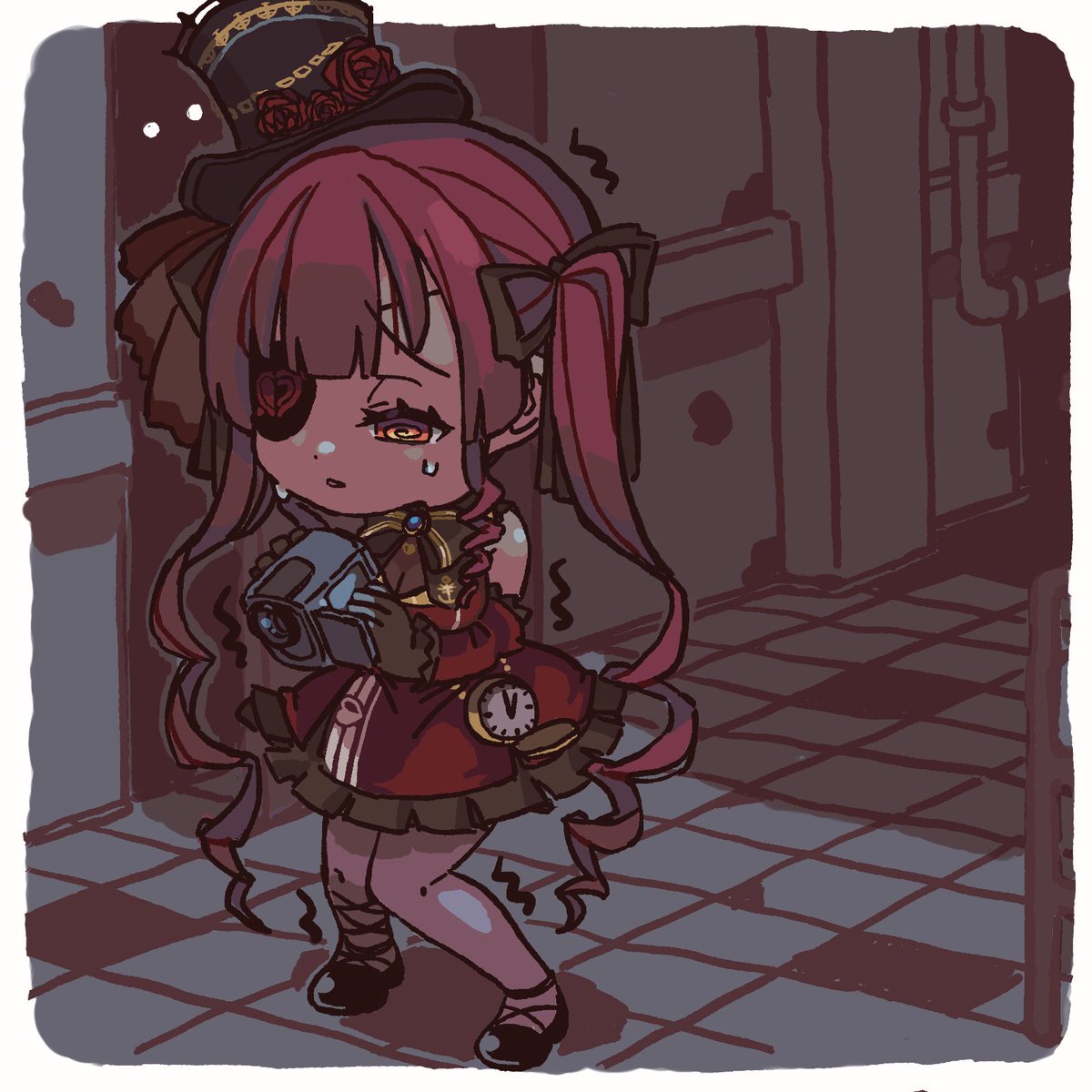 houshou marine 1girl hat red hair chibi twintails eyepatch solo  illustration images