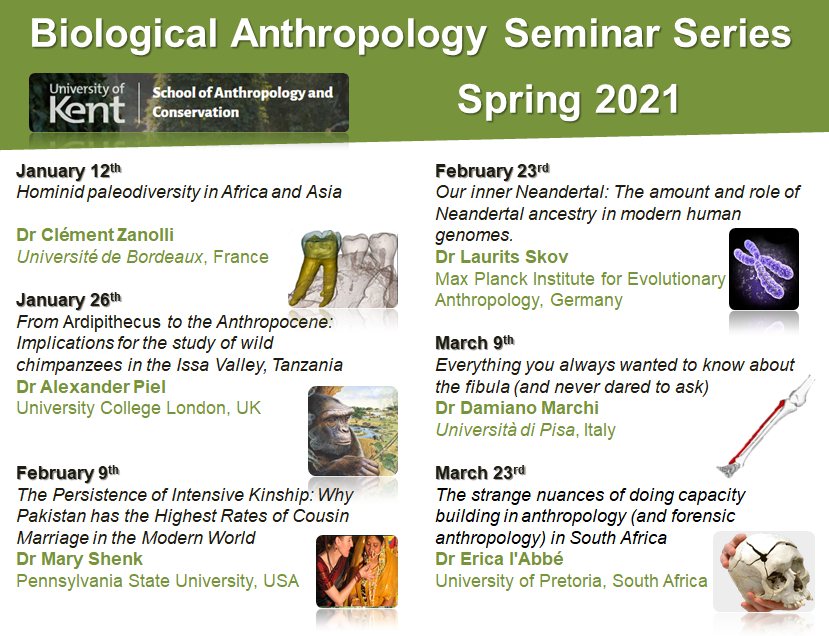 BioAnth_UniKent's tweet image. We're now able to announce the full list of exciting and varied speakers for our Spring Term Bio. Anth. seminar series!

Talks are at 3:30pm GMT on Tuesday afternoons and will be linked on this account a few days before each one.