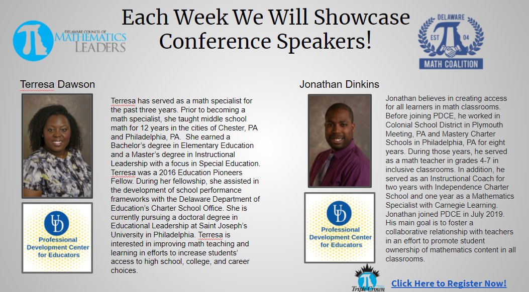 lancour28's tweet photo. Not from Delaware? No worries - our DCML conference is open to anyone! Join on March 6th! Today we are showcasing Terresa Dawson &amp; Jonathan Dinkins with their session on Microagressions. Register today to check them out! https://t.co/wV5xNcCsSd
#demathchat #delachat @jowilson4139 https://t.co/gvZP5qJDJn