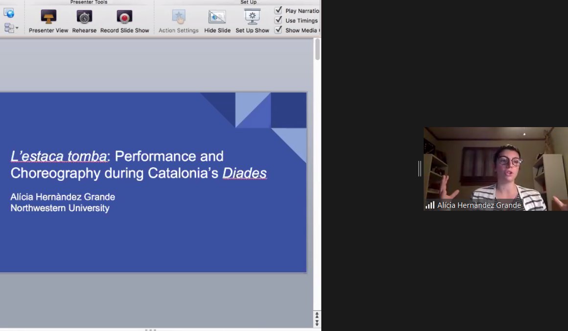 Rounding things up, we have @alihergra presenting desde el otro lado del charco. Alícia is discussing performance and choreography in Catalan Diades, as well as some of the transnational mimicry in other movements. #VisionsSpain