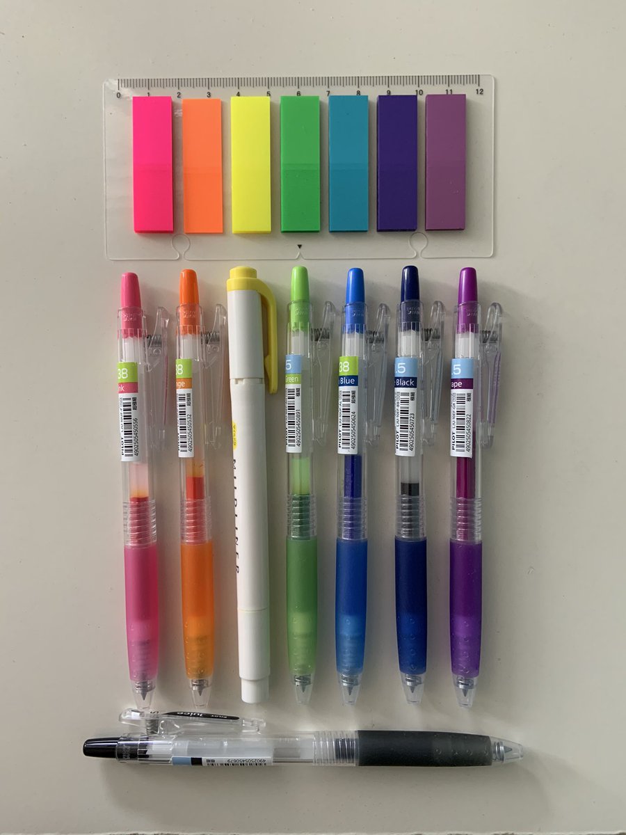 materials i use:- coloured sticky tabs from daiso (these are the best, lots of colours and they’re easily removable)- coloured juice pens (0.38/0.5)/mildliners (they don’t bleed into the pages and dry quickly)*i have a pen for each colour of the tabs & a basic black pen too