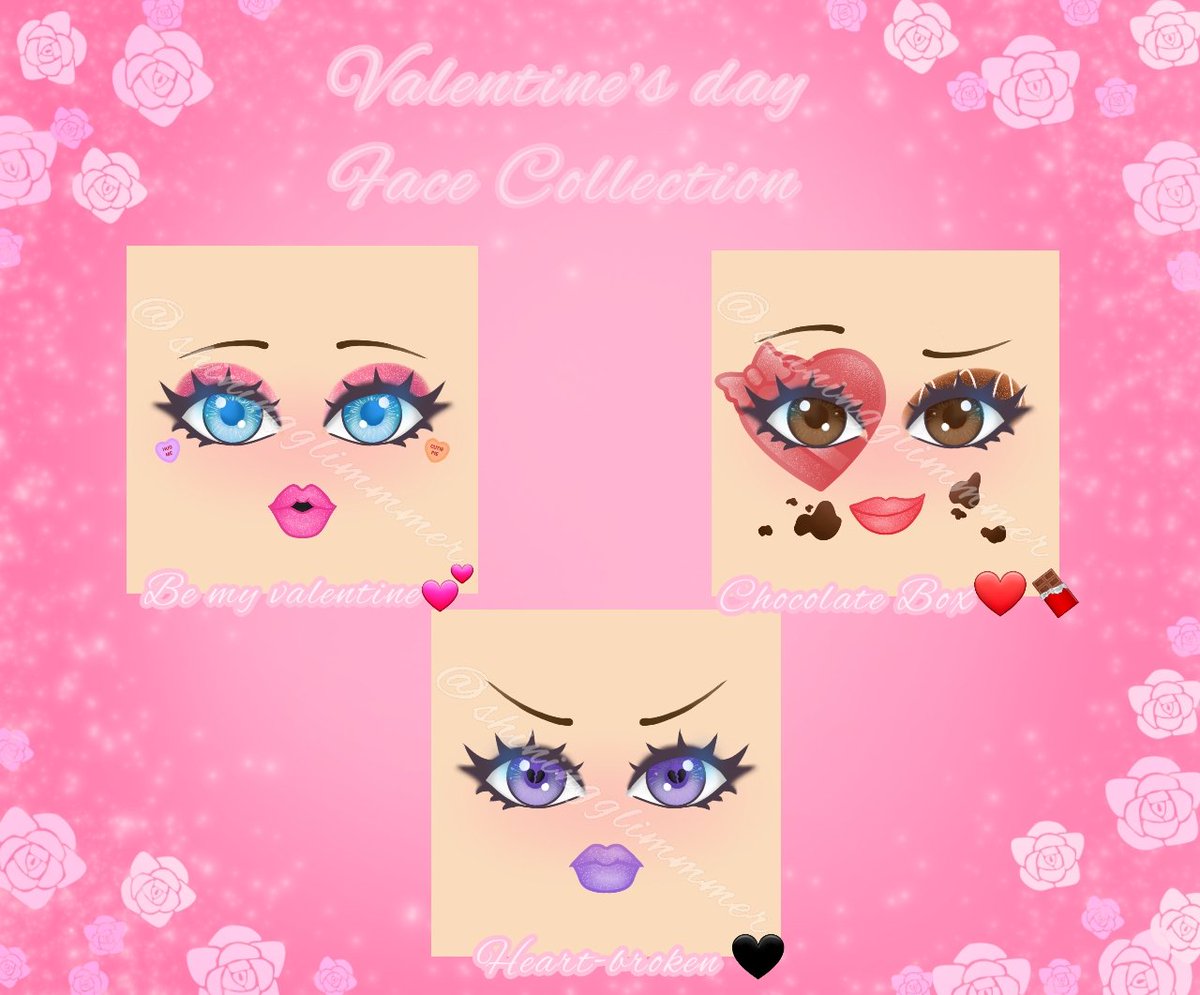 shiningglimmmer's tweet photo. I present my Valentine's Day Face Collection๐!
It consists of three faces:
โขBe my valentine๐
โขChocolate Boxโค๏ธ๐ซ
โขHeart-Broken๐ค
In the tread below you'll be able to see them in more detail๐
@ItsLimey #RHWeekly #KateRhFaces #royalehighartists #royalehigh #royalehighart https://t.co/sevYjIpewz