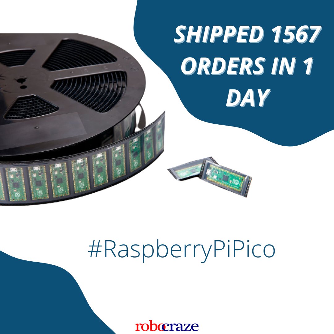 @robocraze sells 1567 @raspberrypi Pico in record time of 1 day. 🏆 Available for Rs 349/- only. Soldered Pico with cable available for 399/- only. #RaspberryPi #PICO #raspberrypipico #diyelectronics #Technology #newlaunch #tech #robotics #electronics #iot #microcontroller