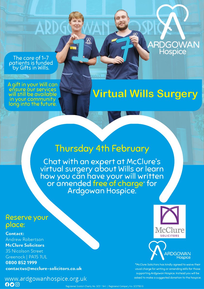 McClure Solicitors (@mcclurelegal) on Twitter photo We are excited to be working with <a href="/ArdgowanHospice/">Ardgowan Hospice</a> to provide a Virtual Will Writing Surgery.
This is a great chance to find out more about Wills and get yours written free of charge.
Call us on 0800 852 1999 to arrange a chat with one of our consultants on 4th February. We are excited to be working with <a href="/ArdgowanHospice/">Ardgowan Hospice</a> to provide a Virtual Will Writing Surgery.
This is a great chance to find out more about Wills and get yours written free of charge.
Call us on 0800 852 1999 to arrange a chat with one of our consultants on 4th February.