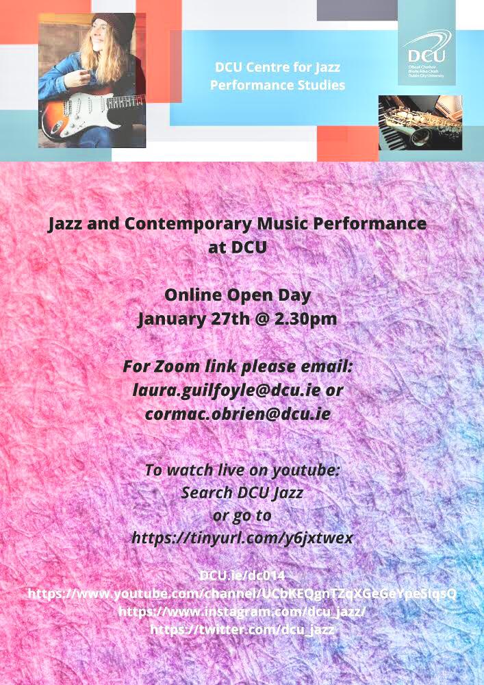 DCU Centre for Jazz & Contemporary Music (@dcu_jazz) on Twitter photo We are hosting on online open day next Wed 27th January at 2.30pm. Watch live via our YouTube channel – bit.ly/DCUJazz_YouTube
All welcome
<a href="/jazzireland/">Jazz Ireland</a> <a href="/ImprovisedMusic/">ImprovisedMusic</a> <a href="/MusNetIrl/">Music Network</a> <a href="/JctMusicEdu/">JCT Music</a>
#studymusic #musiceducation #jazzeducation #contemporarymusic #ireland #dublin #jazz We are hosting on online open day next Wed 27th January at 2.30pm. Watch live via our YouTube channel – bit.ly/DCUJazz_YouTube
All welcome
<a href="/jazzireland/">Jazz Ireland</a> <a href="/ImprovisedMusic/">ImprovisedMusic</a> <a href="/MusNetIrl/">Music Network</a> <a href="/JctMusicEdu/">JCT Music</a>
#studymusic #musiceducation #jazzeducation #contemporarymusic #ireland #dublin #jazz