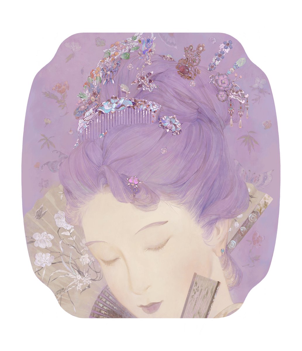 1girl closed eyes solo hair ornament purple hair flower hand fan  illustration images