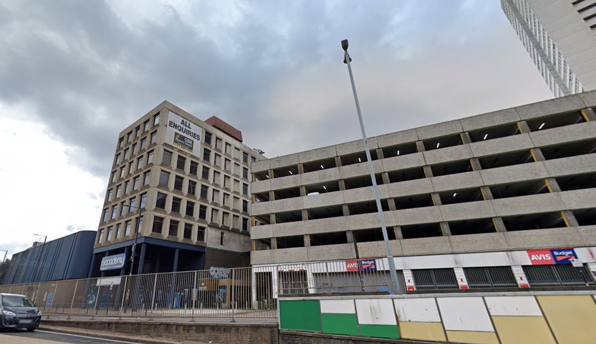 post manzoni:birmingham central library site on the left, church and masons college (o2 academy) on the right