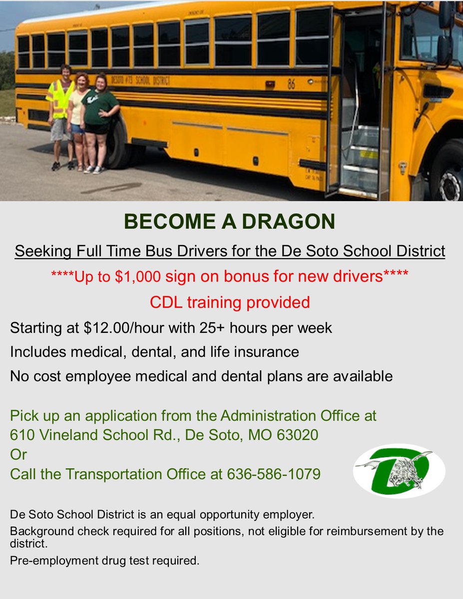 DeSoto73's tweet photo. The De Soto #73 School District is in search of full-time bus drivers, substitute nurses, and substitute teachers.

Those interested can pick up an application from the Administration Building or call Transportation at 636-586-1079 or contact Kelly Norrid at 636-586-1000 x3. https://t.co/IiuqxXpCGS