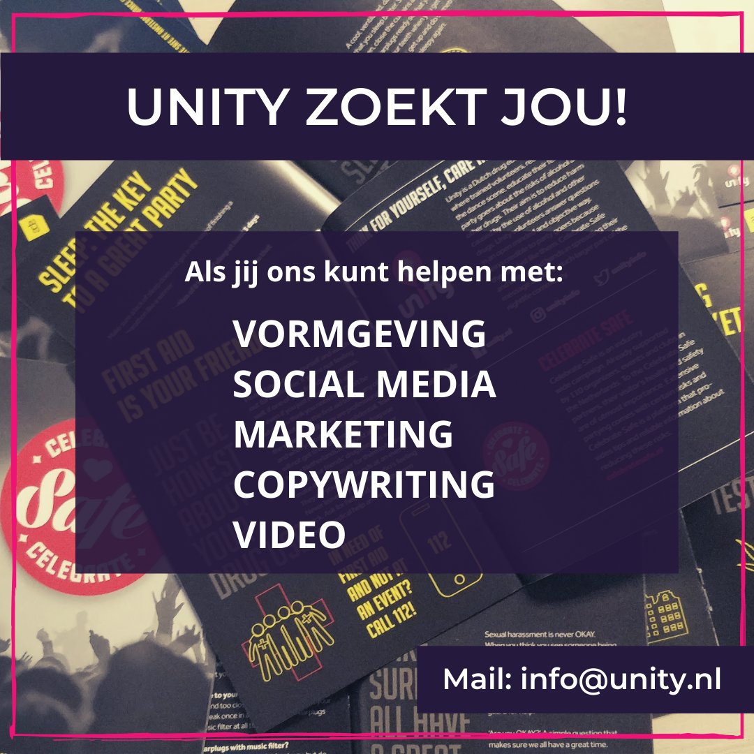 Wij zoeken nieuwe vrijwilligers! 

Heb jij affiniteit met drugs en wil jij bovenstaande skills ontwikkelen, of heb je andere creatieve ideeën? 🤯En ben je tussen de 18-35 jaar? 

✍️Stuur dan een mailtje naar info@unity.nl en join the team!