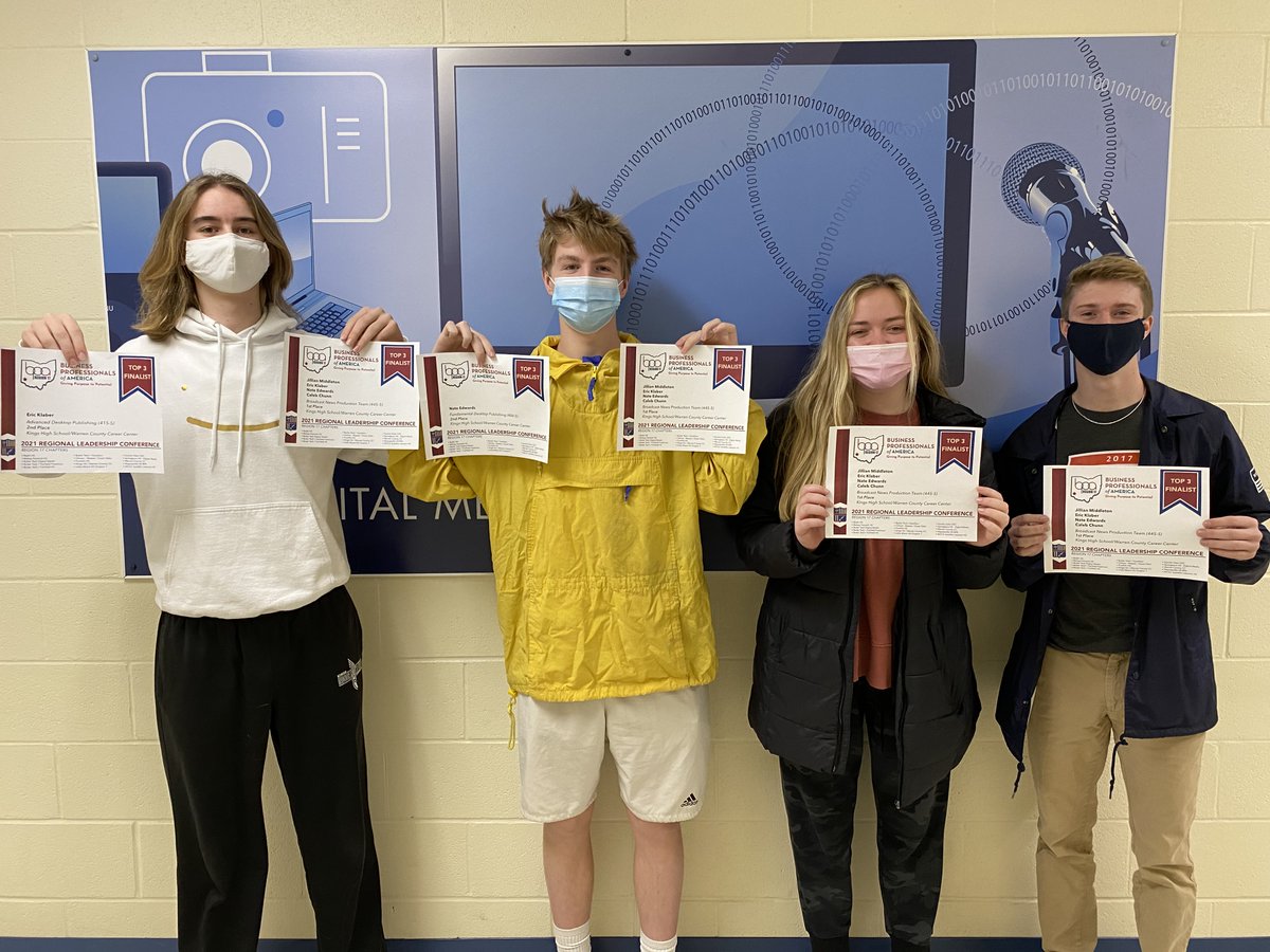 Congratulations to Jillian Middleton, Eric Klaber, Nate Edwards, &amp; Caleb Chunn for placing 1st in Broadcast News Production and Advancing to State Competition for @National_BPA Eric also placed 2nd in Advance Digital Publishing &amp; Nate Placed 2nd in Fundamental Desktop Publishing!
