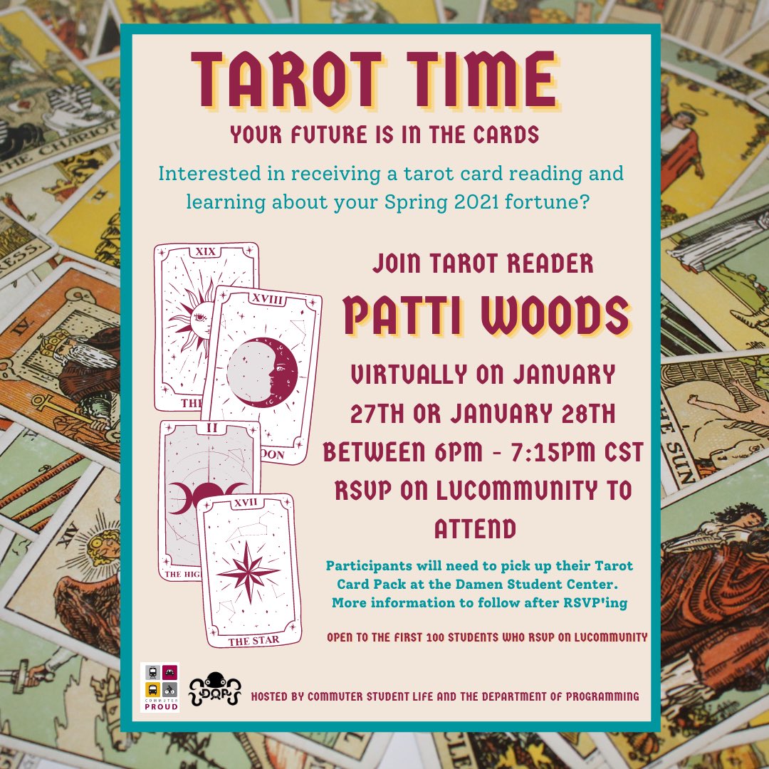 Loyoladop's tweet photo. Come join on us and Commuter Student Life on January 27th or 28th and get your cards read! Sign up on LUCommunity! Participants have to be able to pick up the pack in the Damen Student Center. https://t.co/blKa7sUujR
