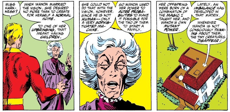 Et si l'explication, c'était le Diable ? Dans les comics, Wanda utilise de l'essence de Mephisto pour créer ses jumeaux, & il manipule Master Pandemonium pour les récupérer.On a un aspirateur qui devient fou et le feu qui jailli pendant la naissance => Elle aspire le Diable!?