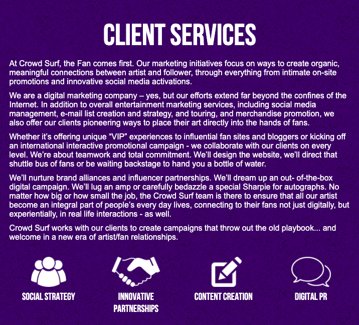 On their website, CrowdSurf says they specialize in "social media strategy, innovative partnerships, content creation and digital PR."  #FreeBritney