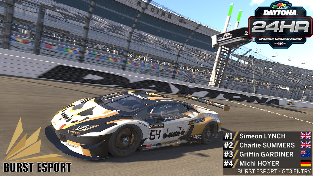 Burst Esport (@esportburst) on Twitter photo START YOUR ENGINES!
We are ready for this weekends <a href="/iRacing/">iRacing</a> Daytona 24 hours in our Lamborghini Huracan GT3!
<a href="/Chaz_Summers_/">Charlie Summers</a>, @Burst_Gardiner, Simeon Lynch and <a href="/Michi_Hoyer/">Michi Hoyer</a> will take us through this legendary race.
Follow us onboard all 24 hours on Michi's YouTube channel. START YOUR ENGINES!
We are ready for this weekends <a href="/iRacing/">iRacing</a> Daytona 24 hours in our Lamborghini Huracan GT3!
<a href="/Chaz_Summers_/">Charlie Summers</a>, @Burst_Gardiner, Simeon Lynch and <a href="/Michi_Hoyer/">Michi Hoyer</a> will take us through this legendary race.
Follow us onboard all 24 hours on Michi's YouTube channel.