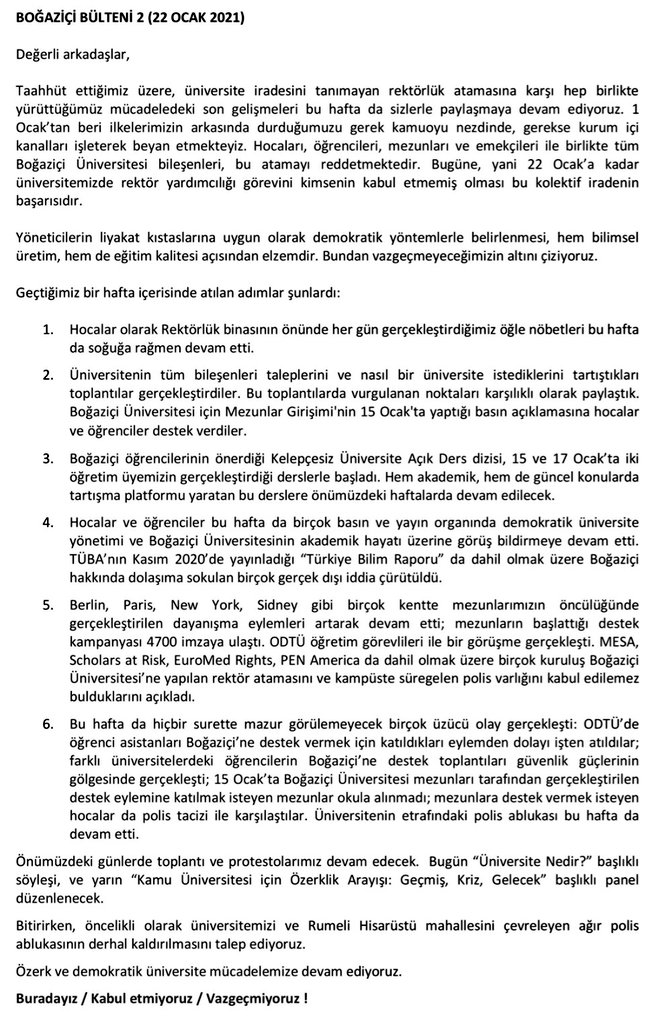 "22 Ocak’a kadar üniversitemizde rektör yardımcılığı görevini kimsenin kabul etmemiş olması bu kolektif iradenin başarısıdır." 
Kayyum <a href="/melihbulu/">Melih Bulu</a> hocalarımızın dirençli mücadelesi sayesinde kendine okulumuzda destekçi bulamamış,görevine fiilen başlayamamıştır !  
#PesEtmekYok