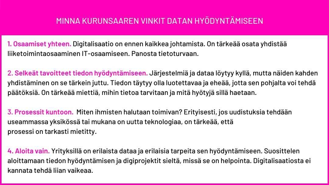 Mielessä digitalisaatio, mutta mistä aloittaa? Konepajayritys HT Laserin Minna Kurunsaari antaa neljä vinkkiä 👇 #digitalisaatio #datanhyödyntäminen #osaaminen #alihankintayritys

Lue koko juttu: 
teknologiateollisuus.fi/fi/ajankohtais…