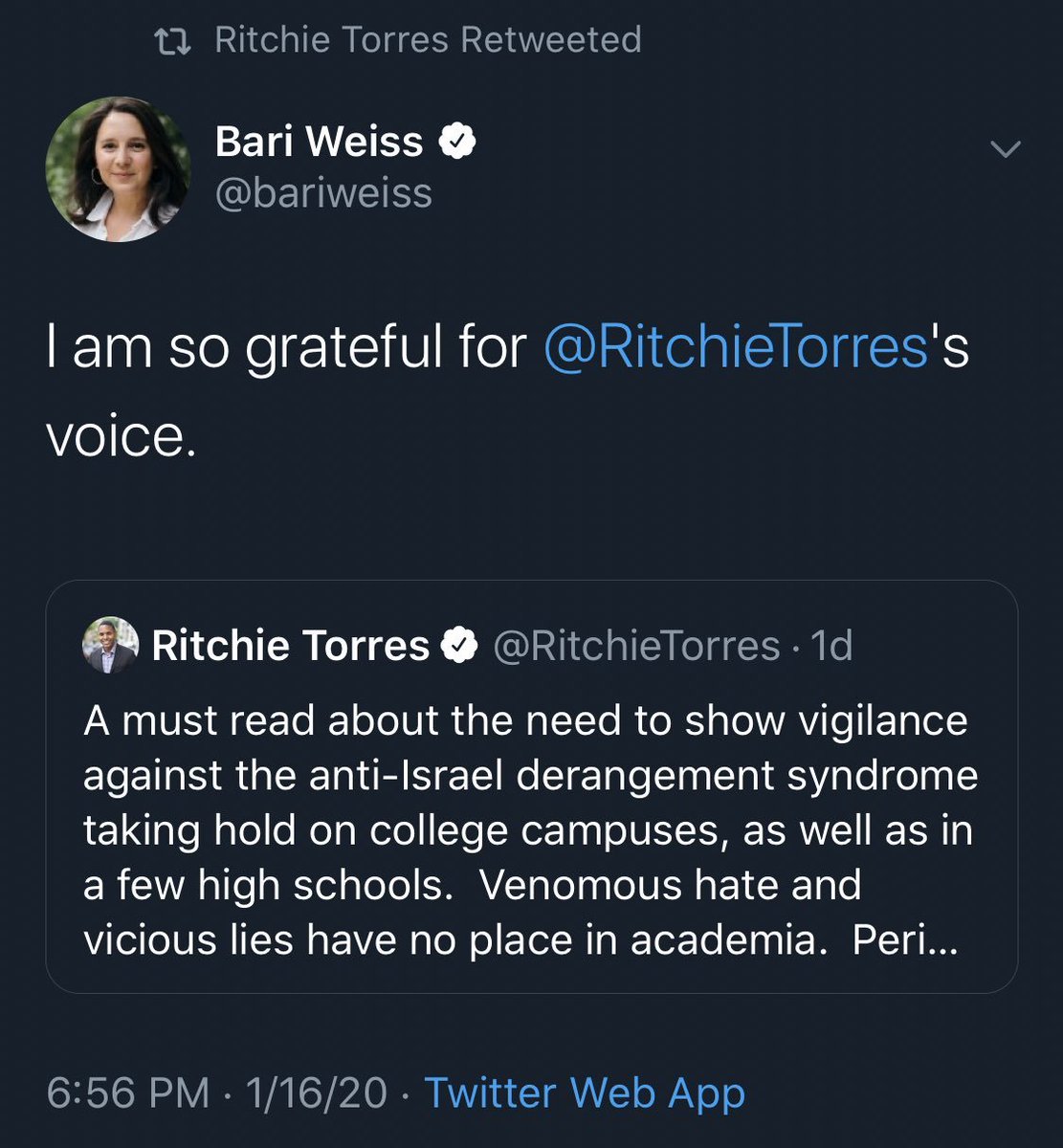 23) Here's  @AndrewYang's campaign co-chair using far right talking points talking about Palestine activists as suffering mental illnessFrom Bari Weiss, which he RT'd, who left the NY Times after putting the lives of Black colleagues in danger by promoting white supremacy.