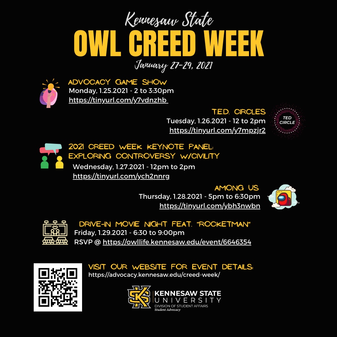 wilson_stu_ctr's tweet image. Owl Creed Week starts on Monday! Join us for the week full of programs. #owlseeyouthere @KSUAdvocacy