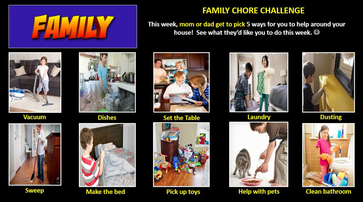 For my #HPEatHome students, part of their assignment this week is a "Family" focus where mom or dad get to pick 5 ways for them to help around the house! #physed #wholechild #responsibility