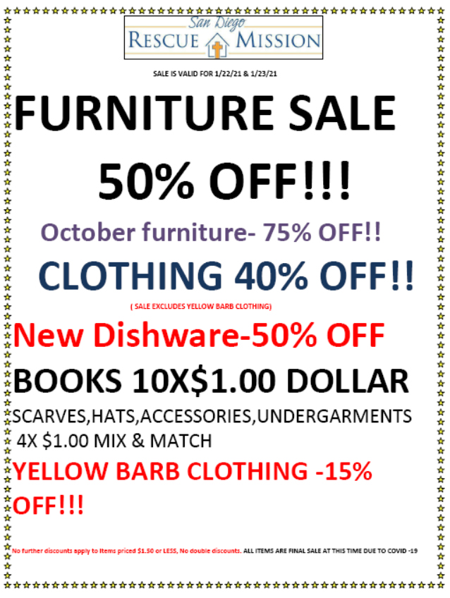 More great deals are here! Shop 1/22 and 1/23 for extra savings at our San Diego Thrift Stores! bit.ly/3nMf3fB