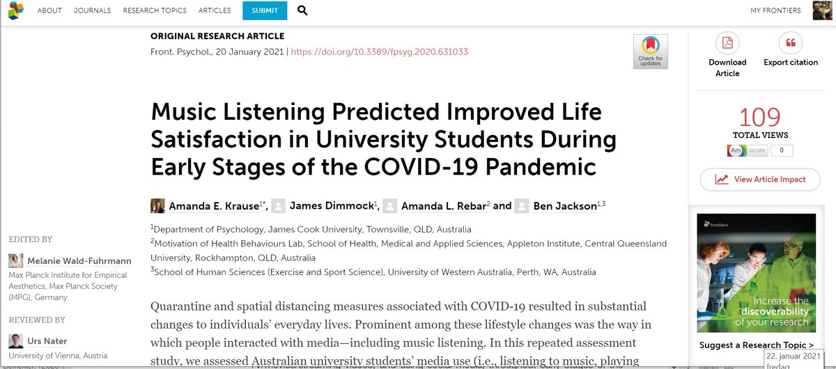 4th pub in our  #MUSICOVID-themed  @FrontPsychol Research Topic ( http://fro.ntiers.in/CovidMusic&nbsp;) is a very compelling paper titled "Music Listening Predicted Improved Life Satisfaction in University Students During Early Stages of the COVID-19 Pandemic" spearheaded by  @StudyListening. 1/7