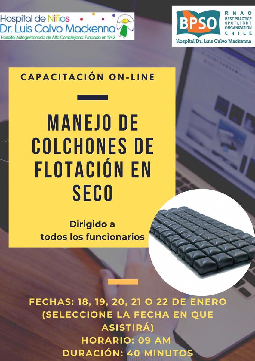 Hoy terminamos la semana de Capacitación on-line "Manejo del Colchón de Flotación en Seco". Gracias por su asistencia e interés en mejorar los cuidados de nuestros queridos pacientes! Para quienes no pudieron asistir, crearemos un link con la capacitación  <a href="/DorisGrinspun/">Dr. Doris Grinspun 🇨🇦 RN, PhD, FAAN, O.ONT</a> <a href="/BpsoCl/">BPSO HEGC</a>